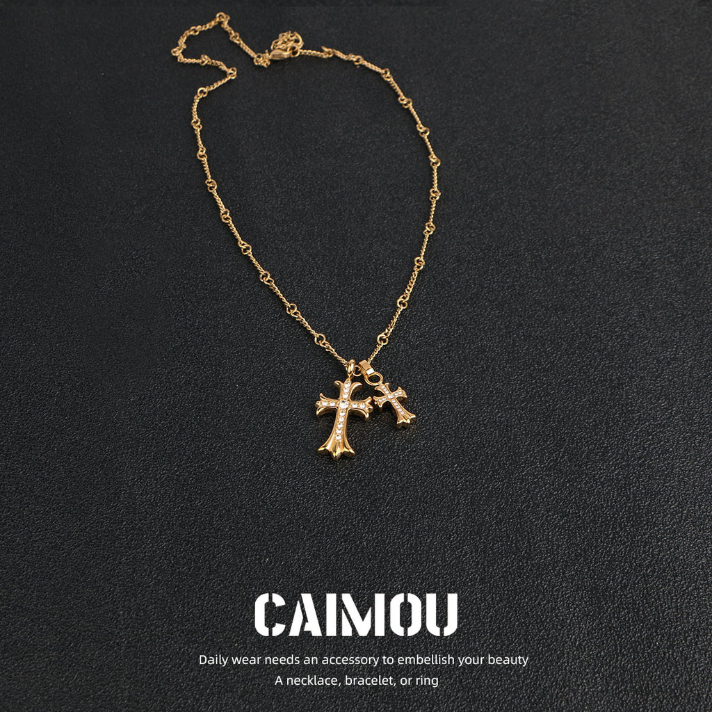 Gold Double Cross Rhinestone Necklace
