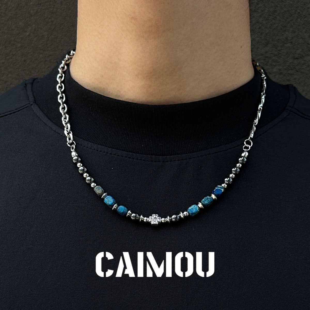 Cross Blue Square Stone Beaded Necklace