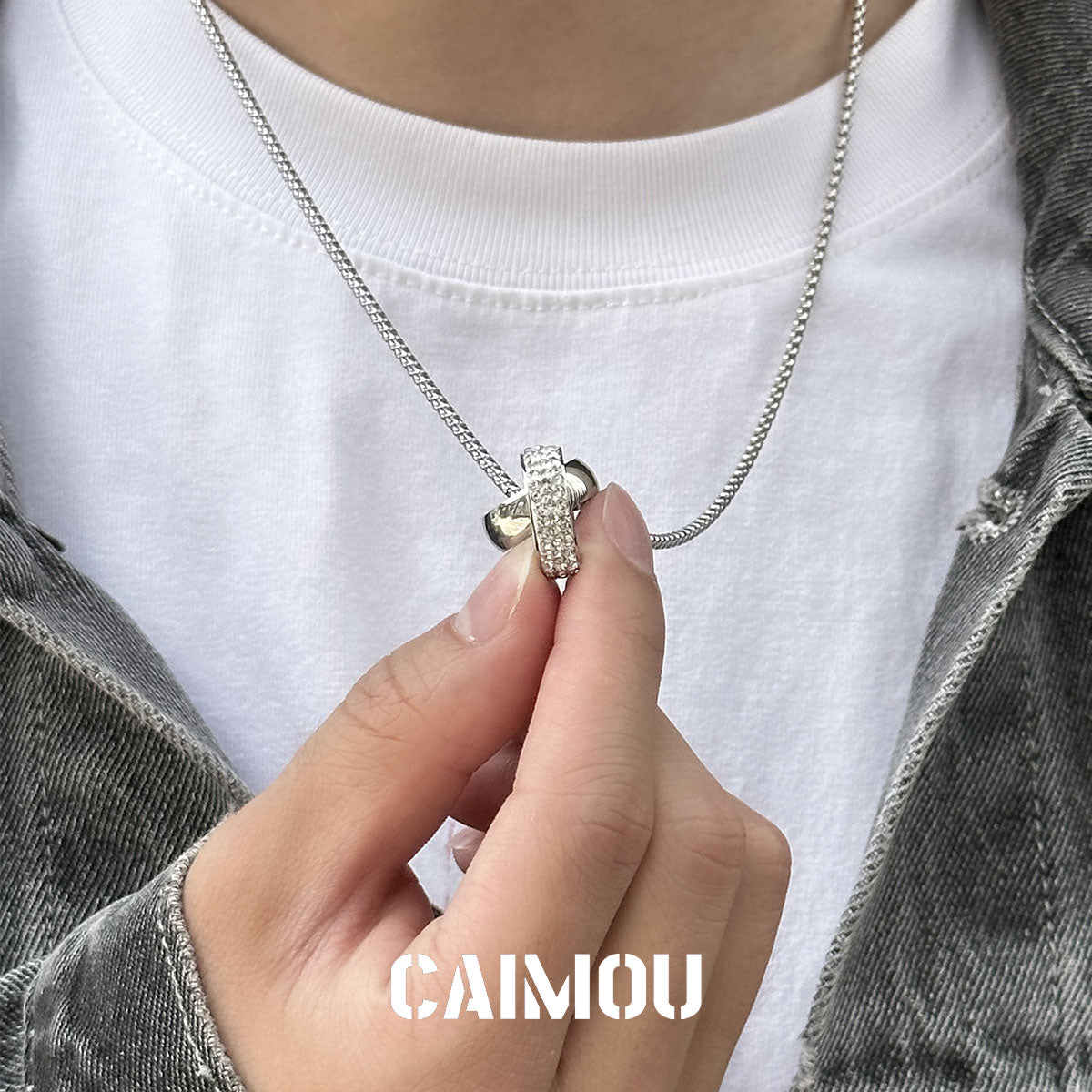 Full Paved Crystal Interlocking Double Ring Necklace