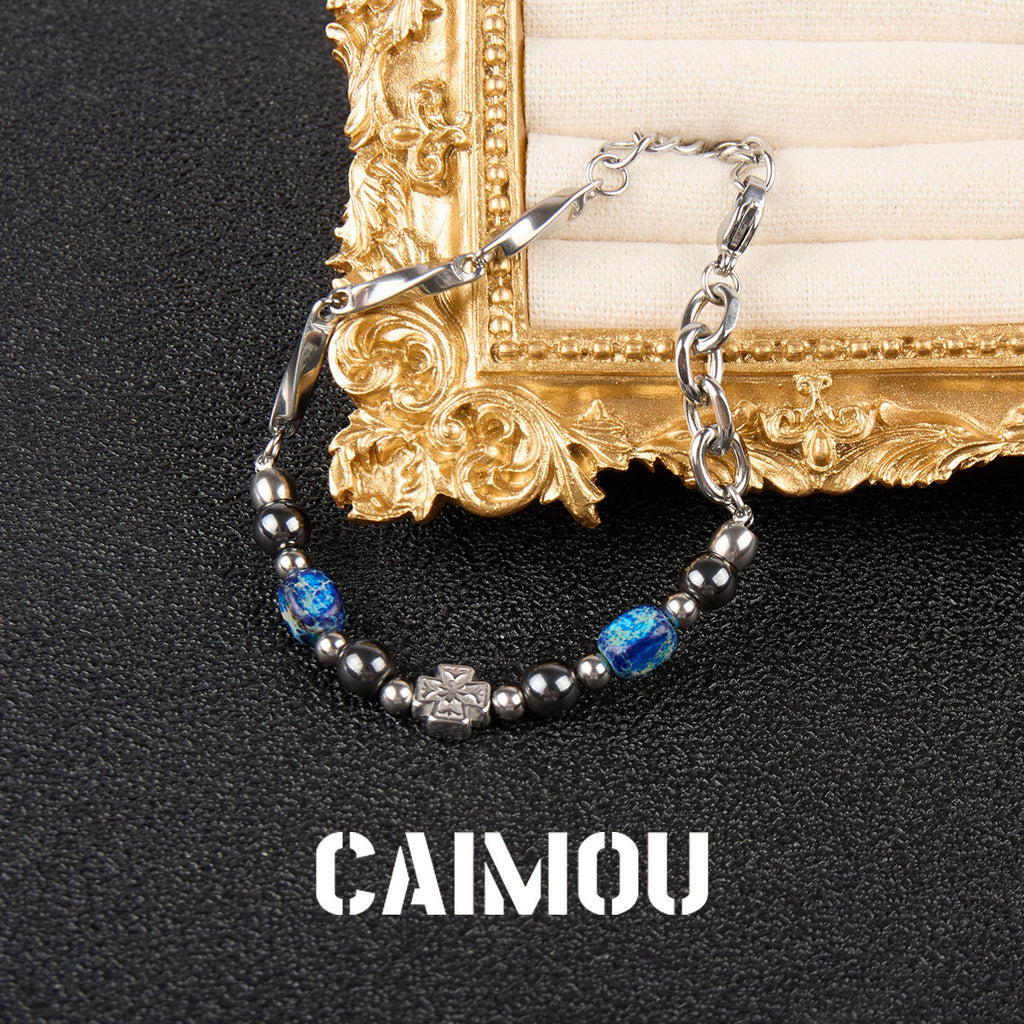Cross Blue Square Stone Beaded Bracelet