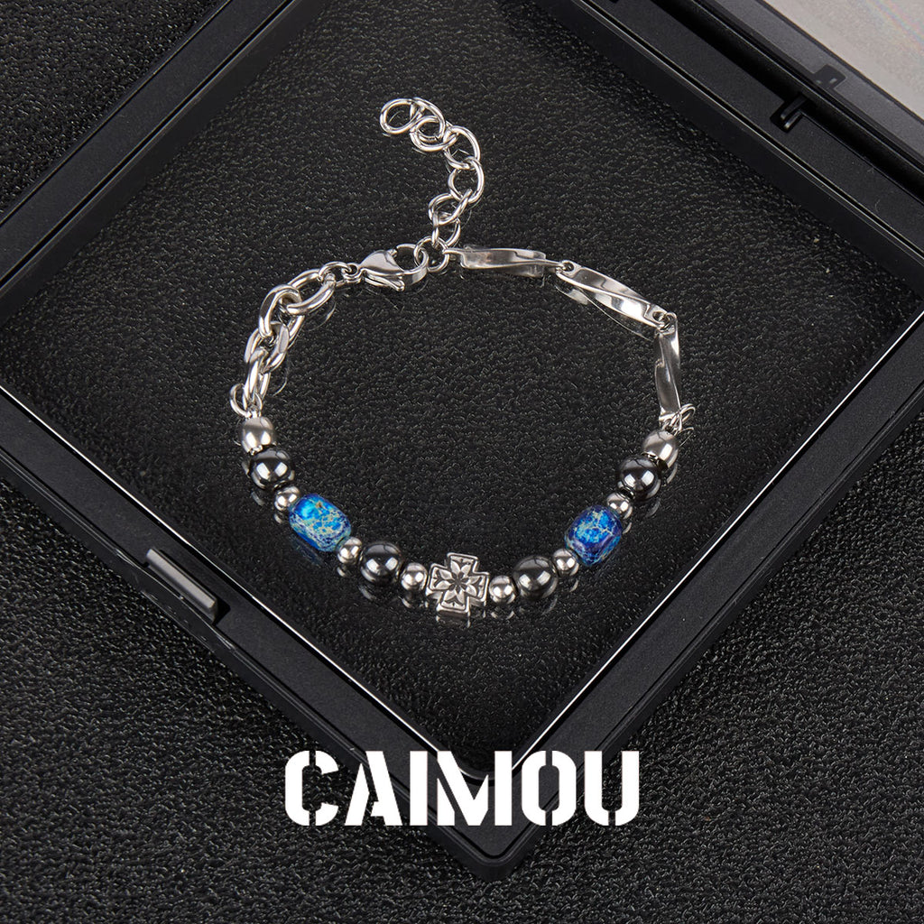Cross Blue Square Stone Beaded Bracelet