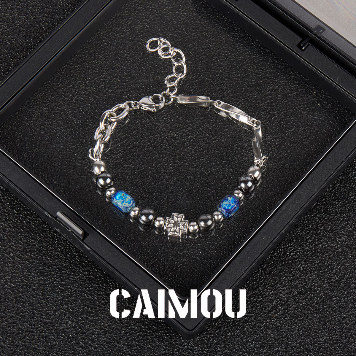 Cross Blue Square Stone Beaded Bracelet