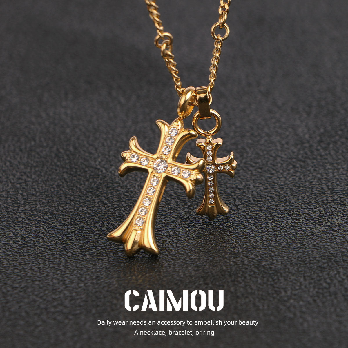 Gold Double Cross Rhinestone Necklace