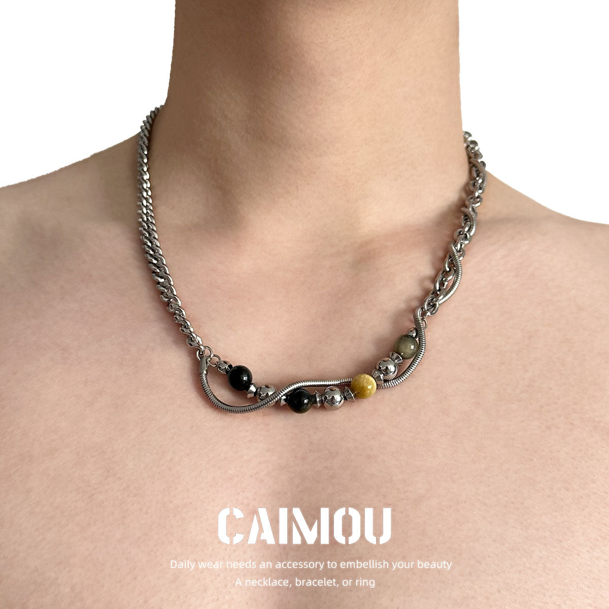 Yellow Tiger Eye Bead Mixed Chain Necklace