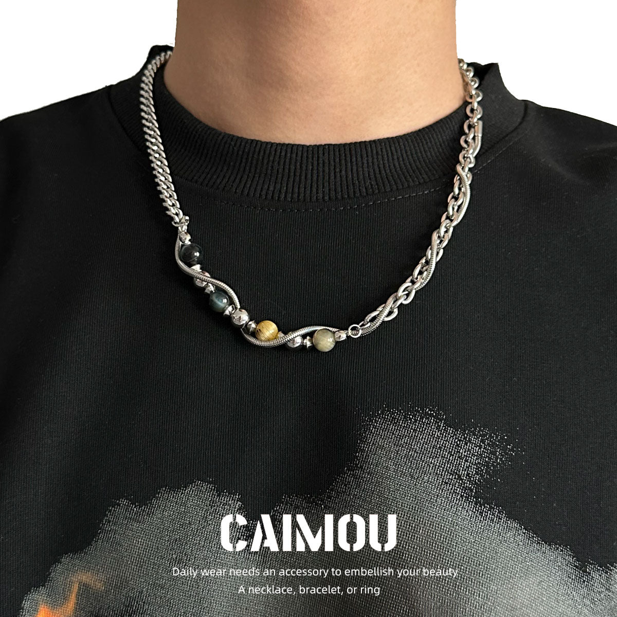 Yellow Tiger Eye Bead Mixed Chain Necklace