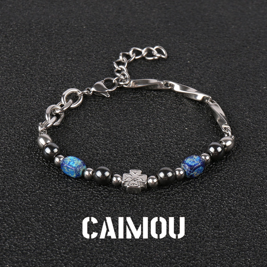 Cross Blue Square Stone Beaded Bracelet