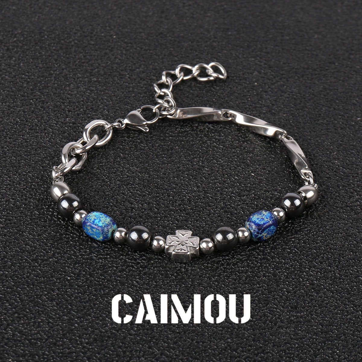 Cross Blue Square Stone Beaded Bracelet