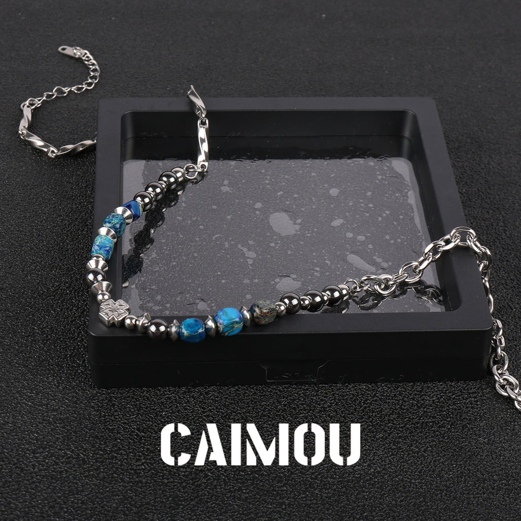 Cross Blue Square Stone Beaded Necklace