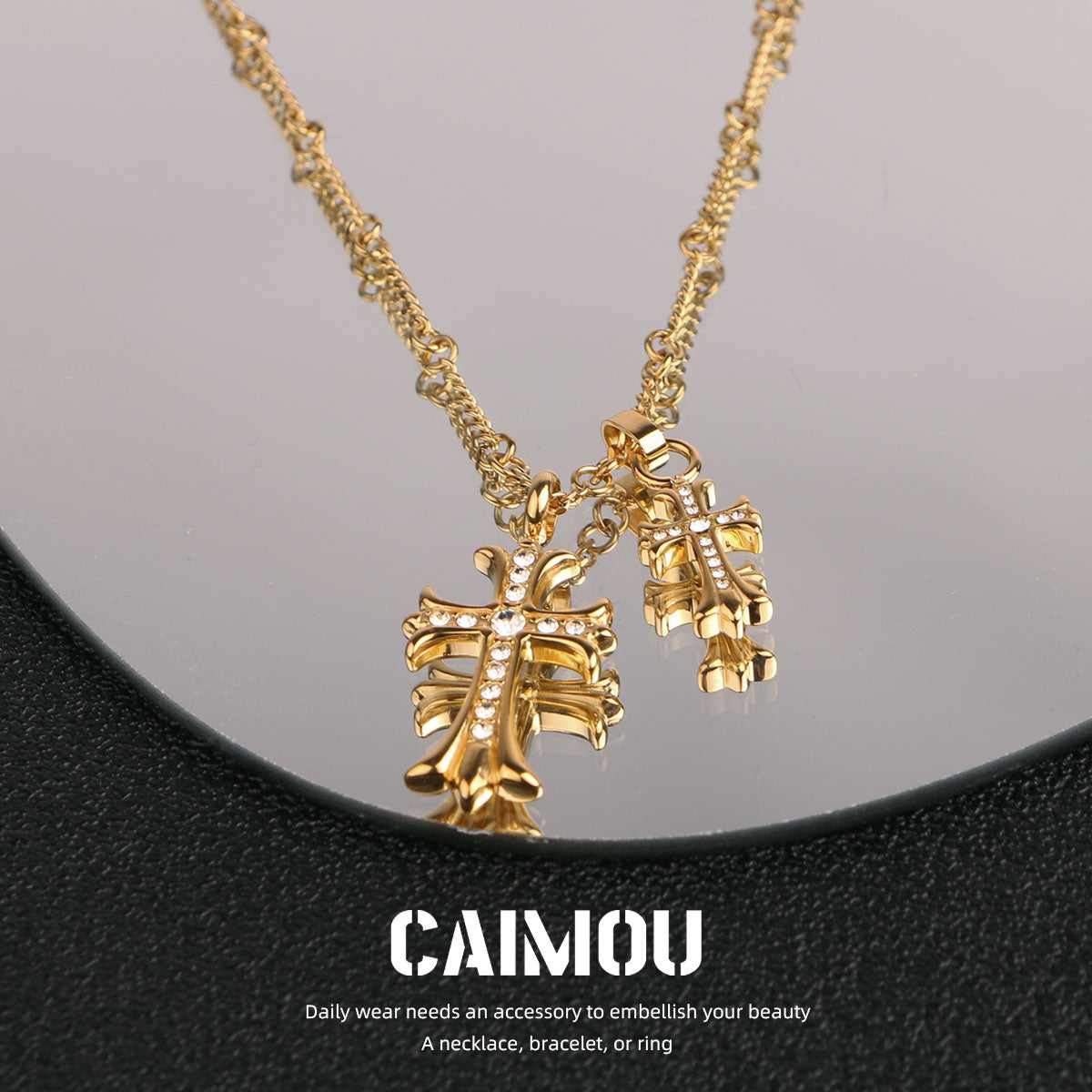 Gold Double Cross Rhinestone Necklace