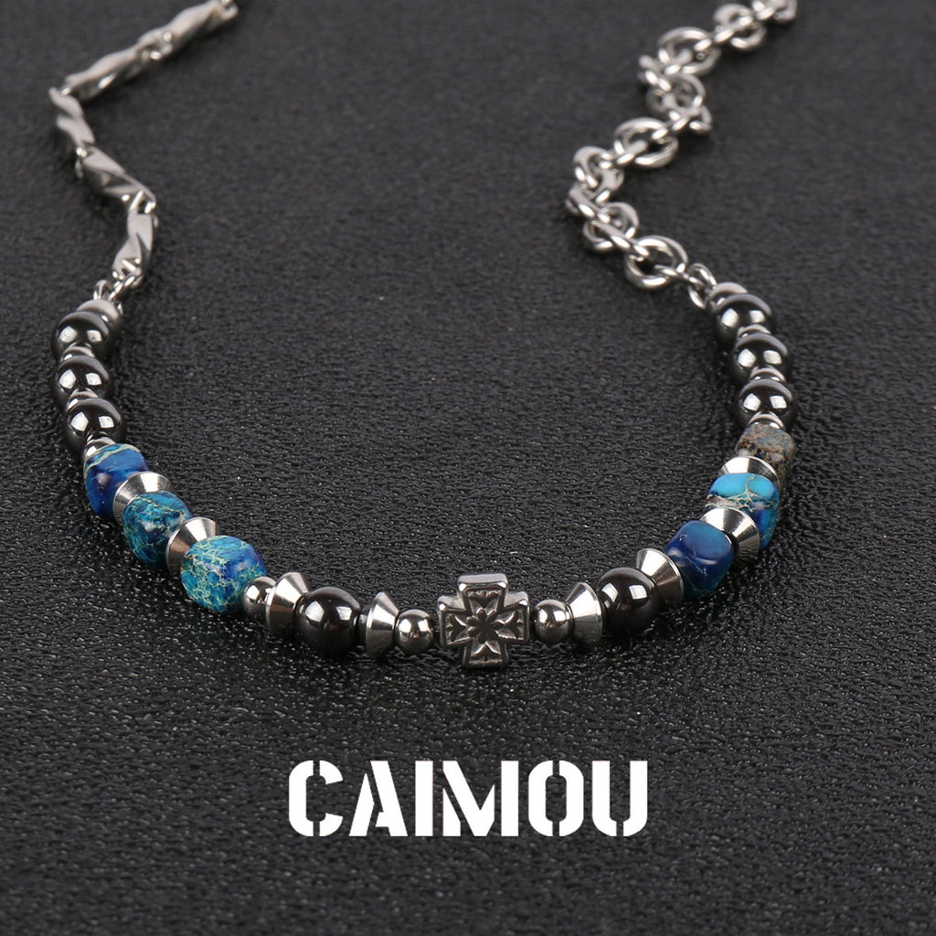 Cross Blue Square Stone Beaded Necklace