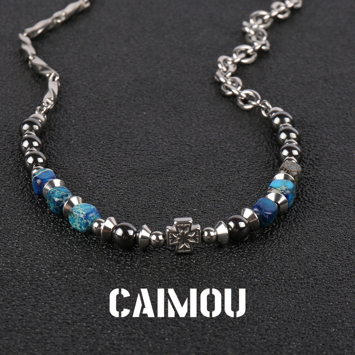 Cross Blue Square Stone Beaded Necklace