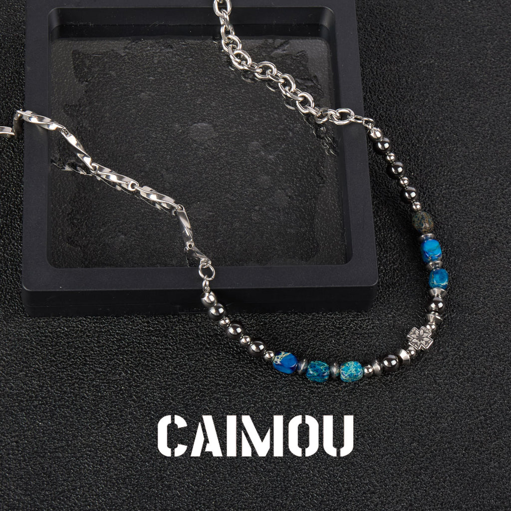 Cross Blue Square Stone Beaded Necklace
