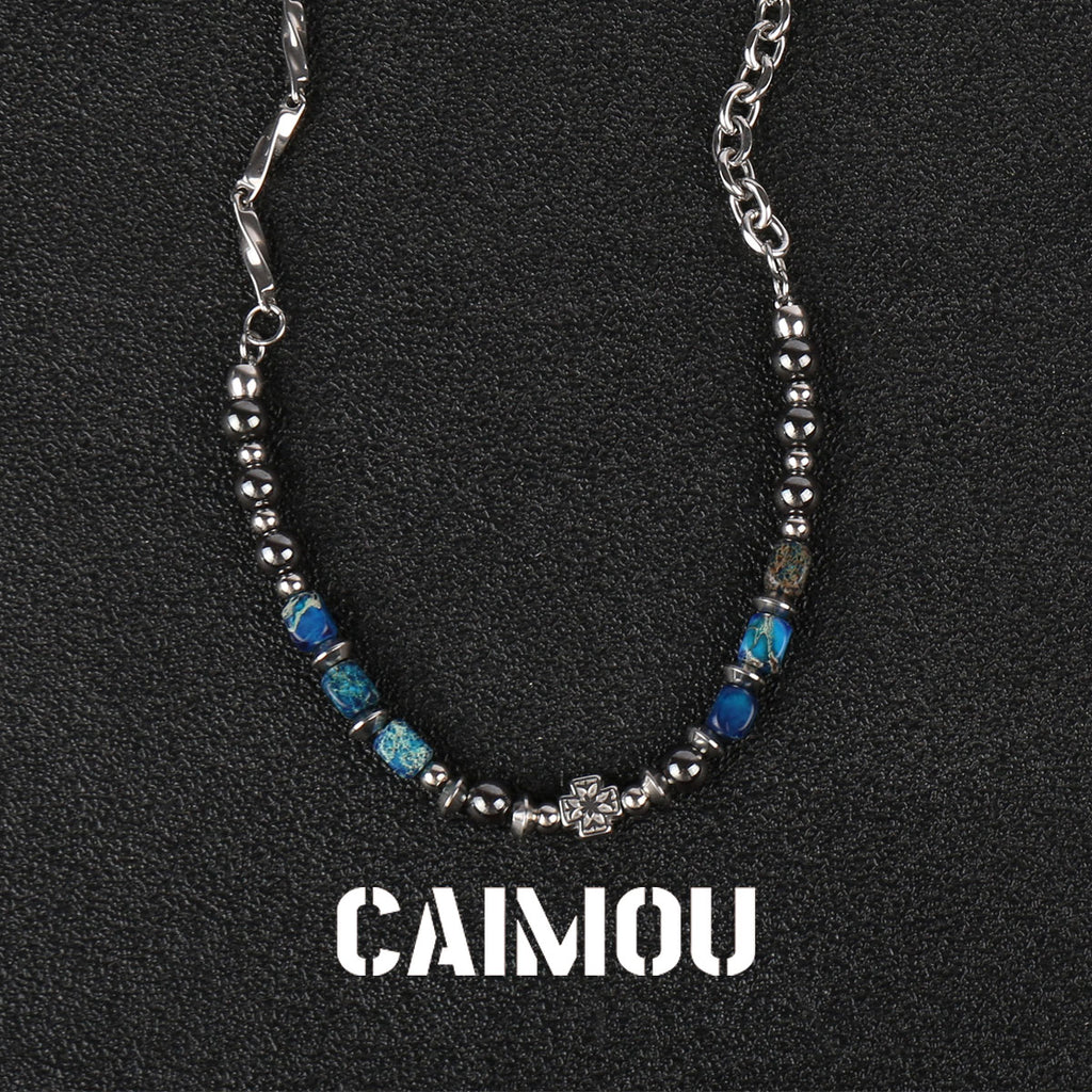 Cross Blue Square Stone Beaded Necklace