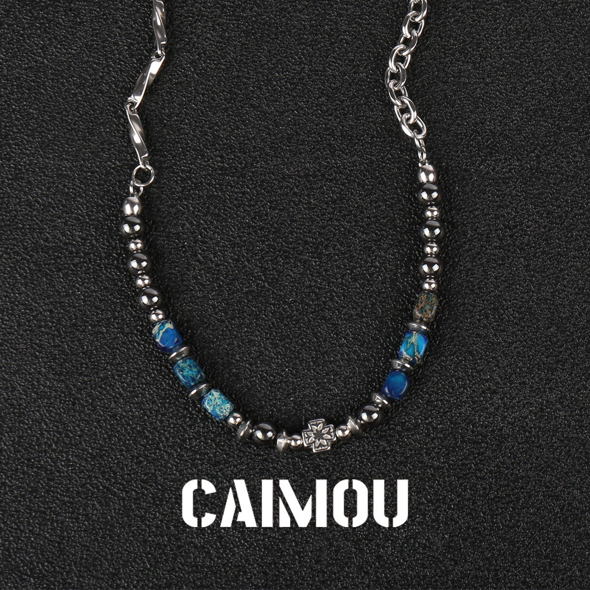 Cross Blue Square Stone Beaded Necklace