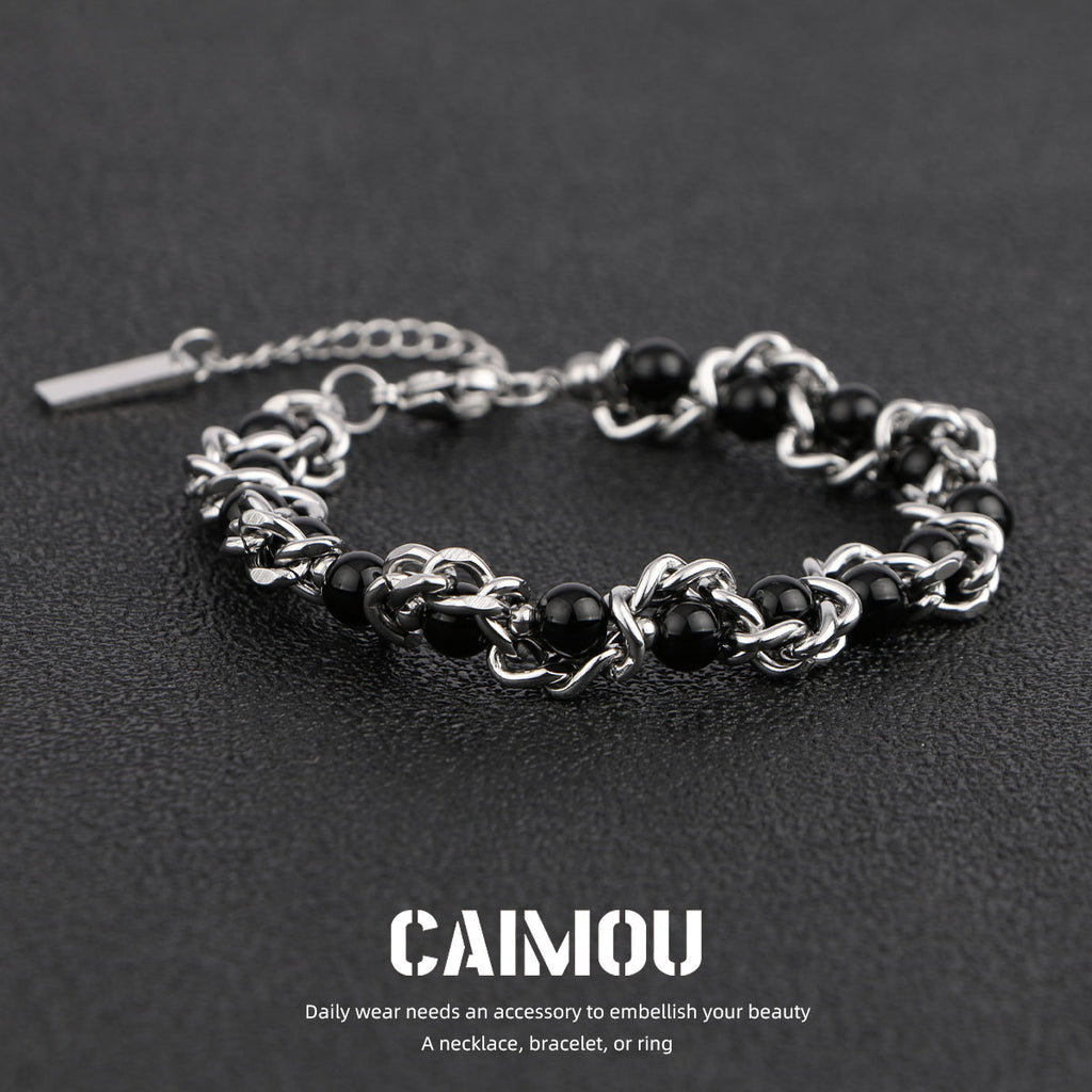 Heavy Woven Black Bead Cuban Bracelet