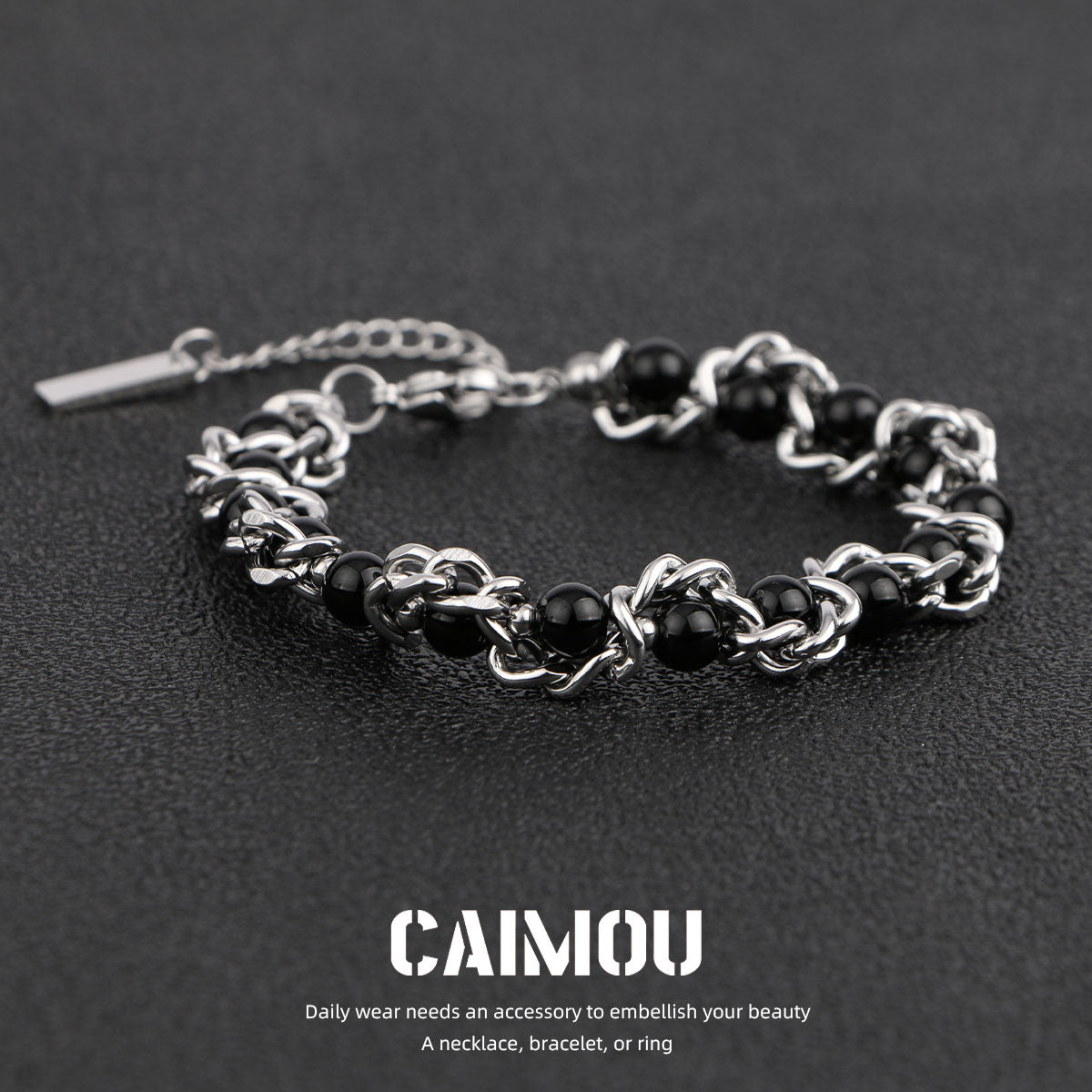 Heavy Woven Black Bead Cuban Bracelet