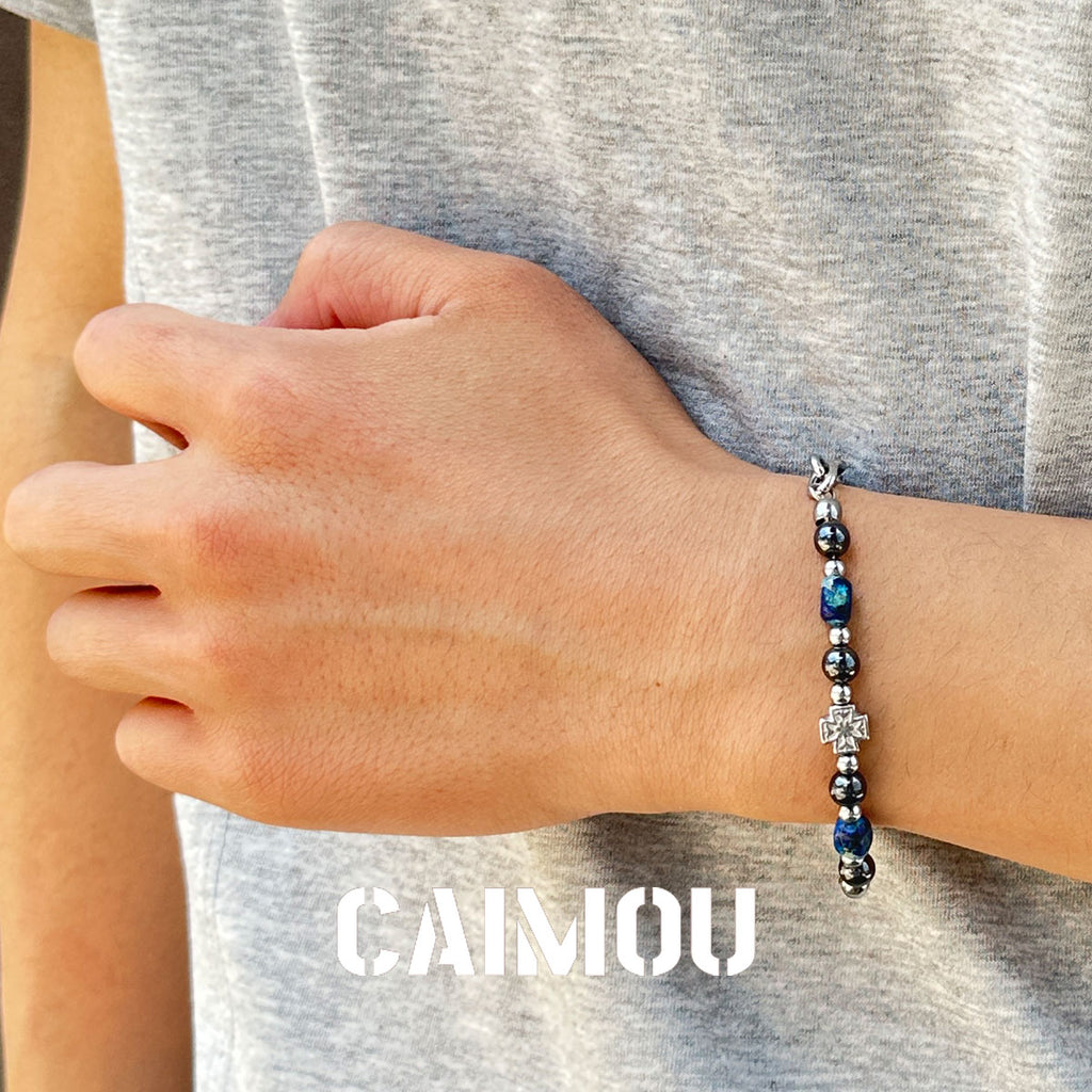 Cross Blue Square Stone Beaded Bracelet