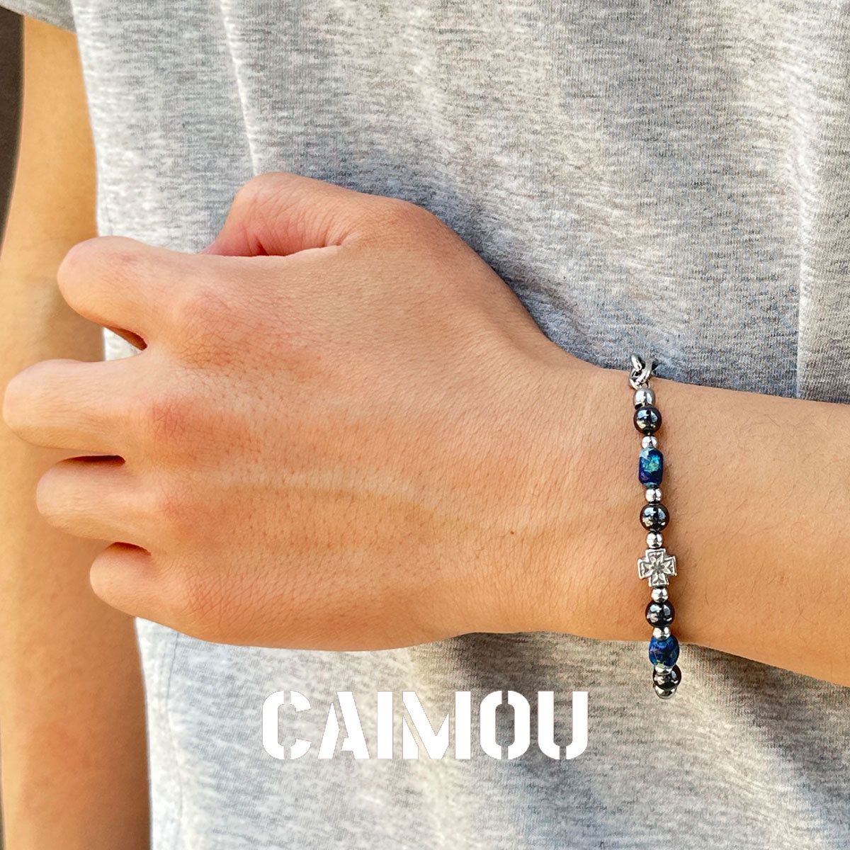 Cross Blue Square Stone Beaded Bracelet