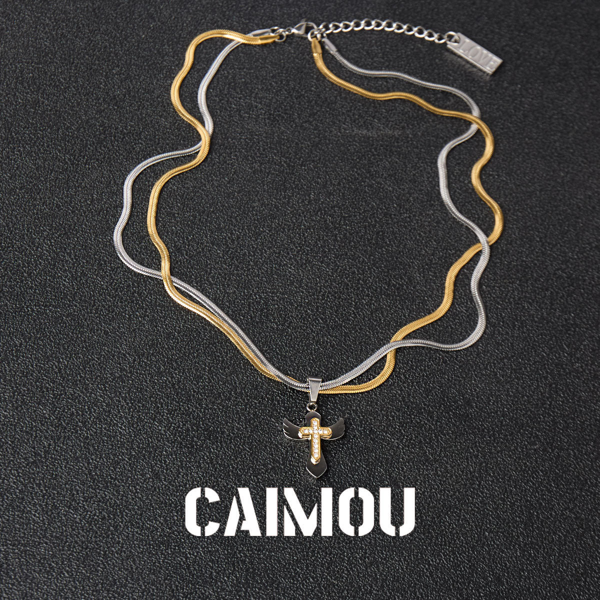 Double-layered two-tone cross necklace
