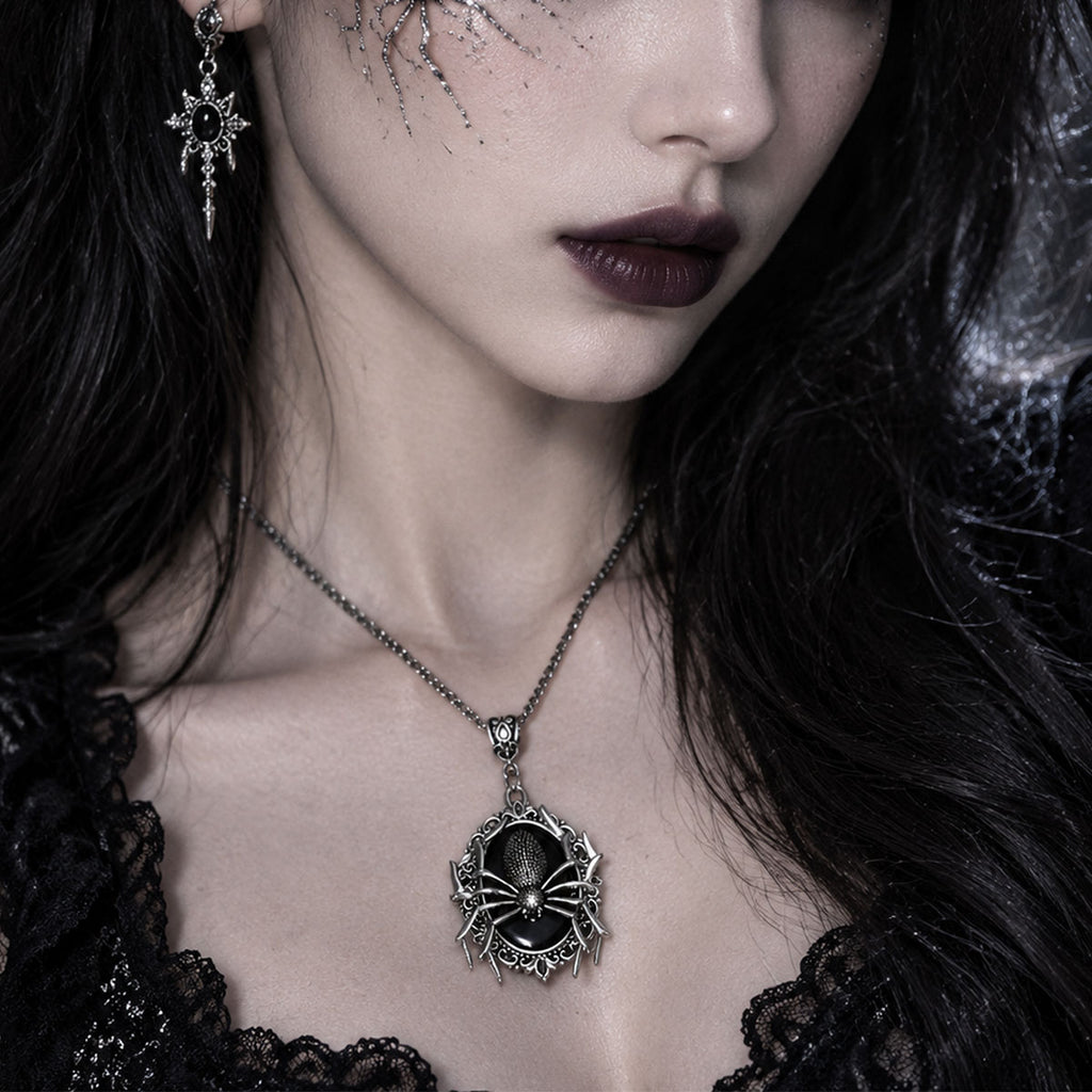 Woman wearing an ornate gothic spider pendant necklace