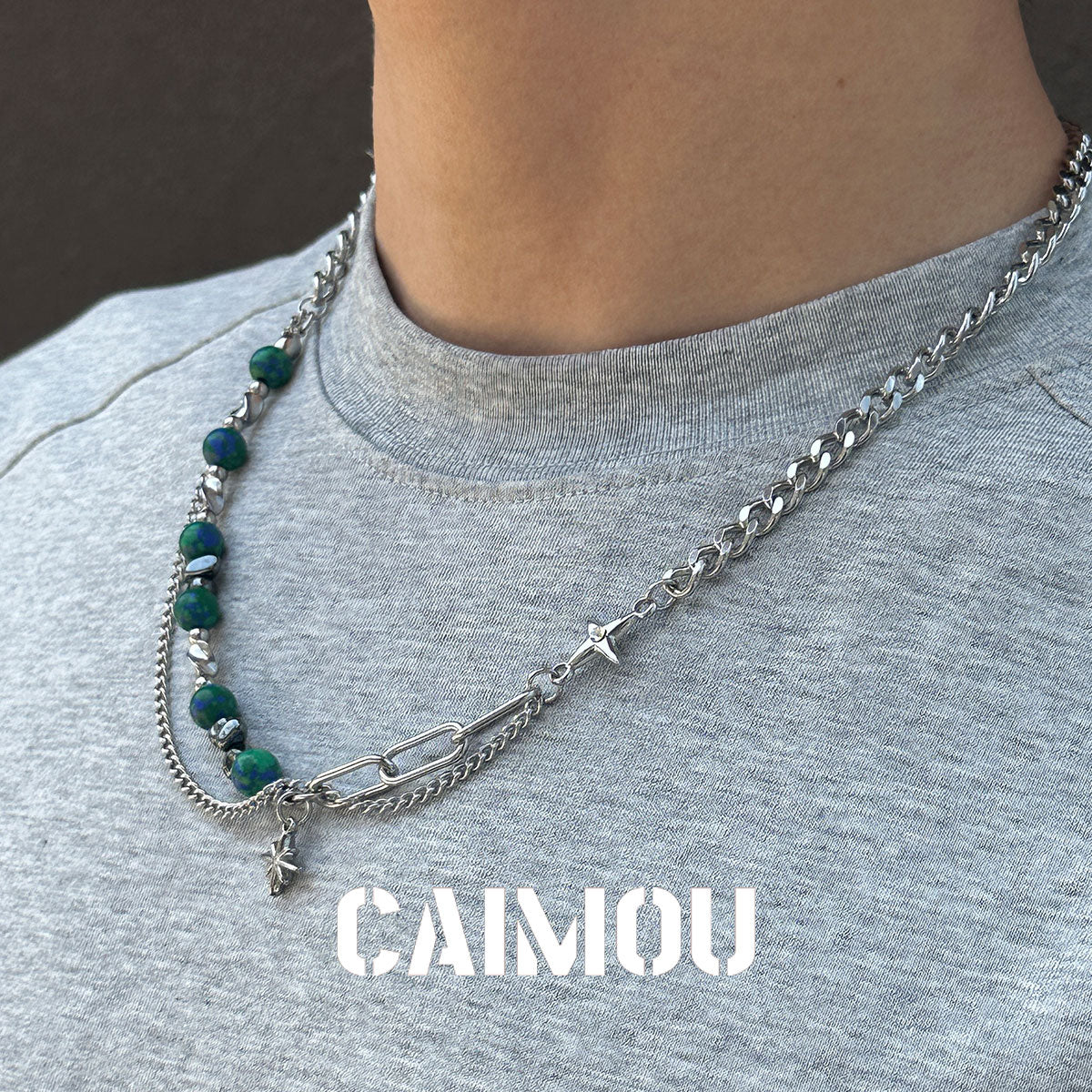 Octagram Green Stone Spliced Necklace