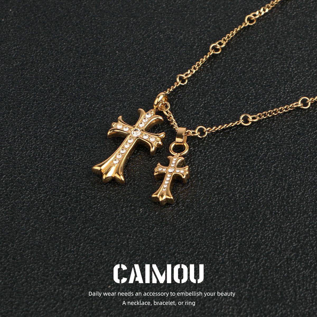 Gold Double Cross Rhinestone Necklace