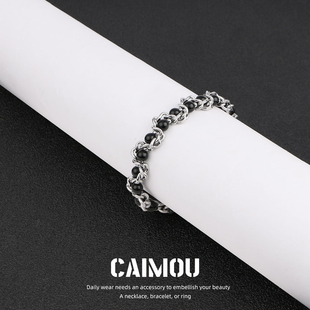 Heavy Woven Black Bead Cuban Bracelet