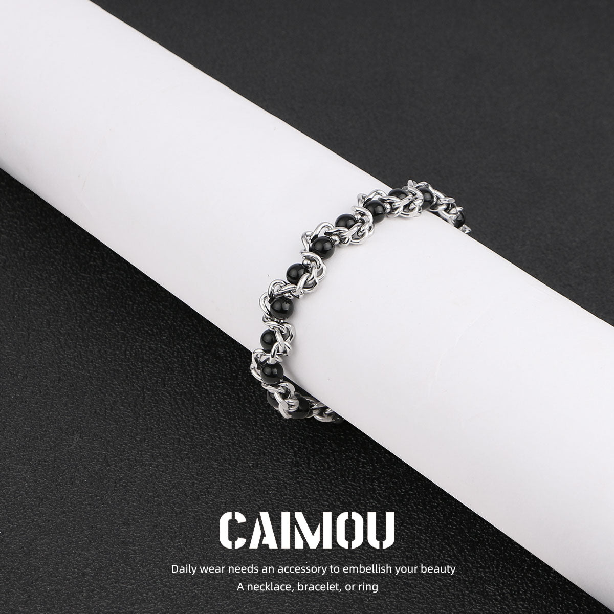 Heavy Woven Black Bead Cuban Bracelet