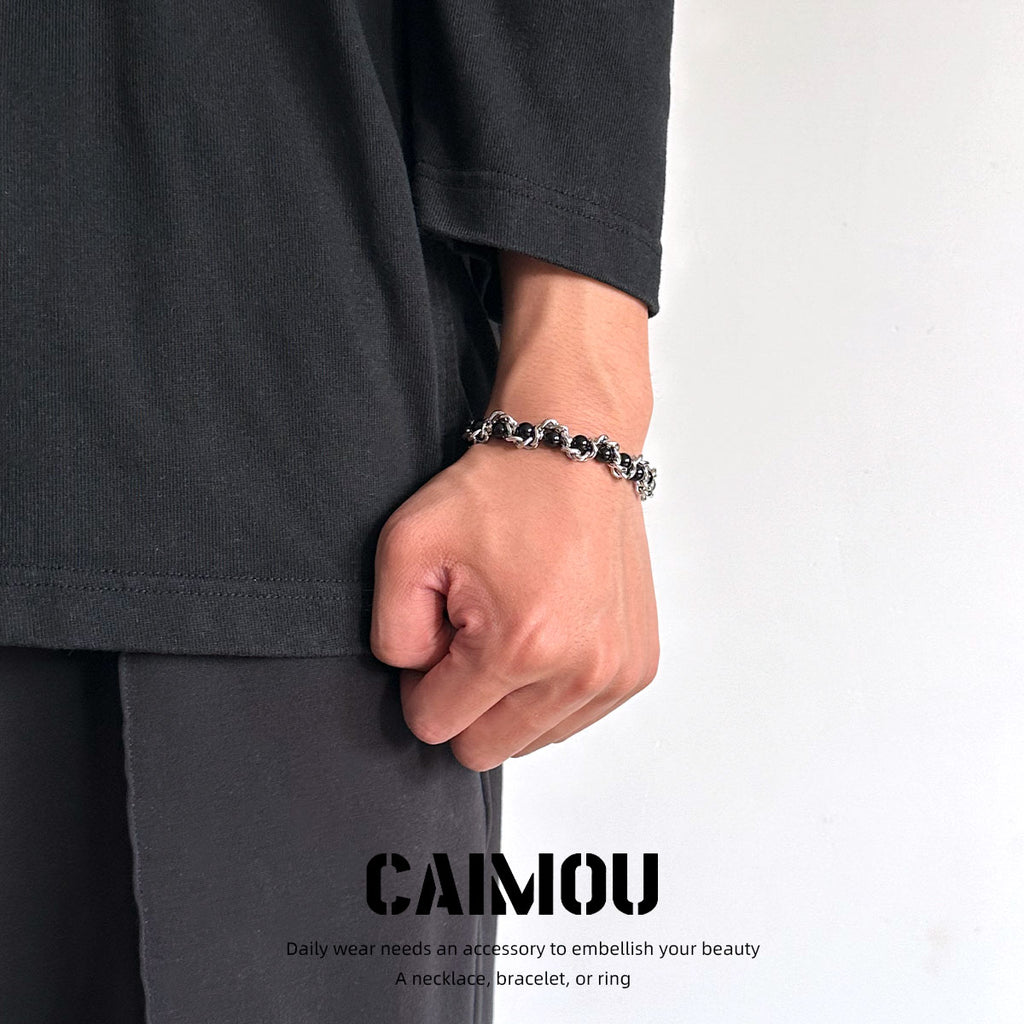 Heavy Woven Black Bead Cuban Bracelet