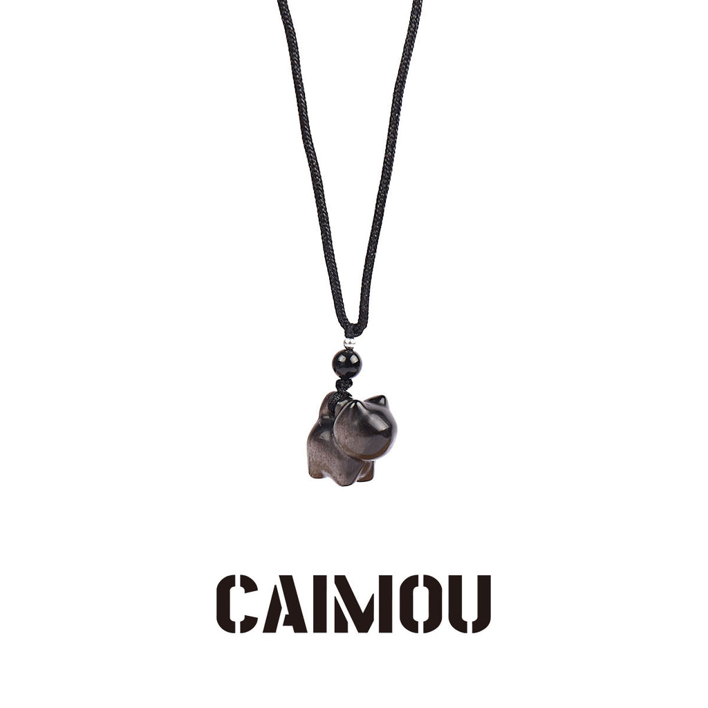 Silver Obsidian Kitten Necklace