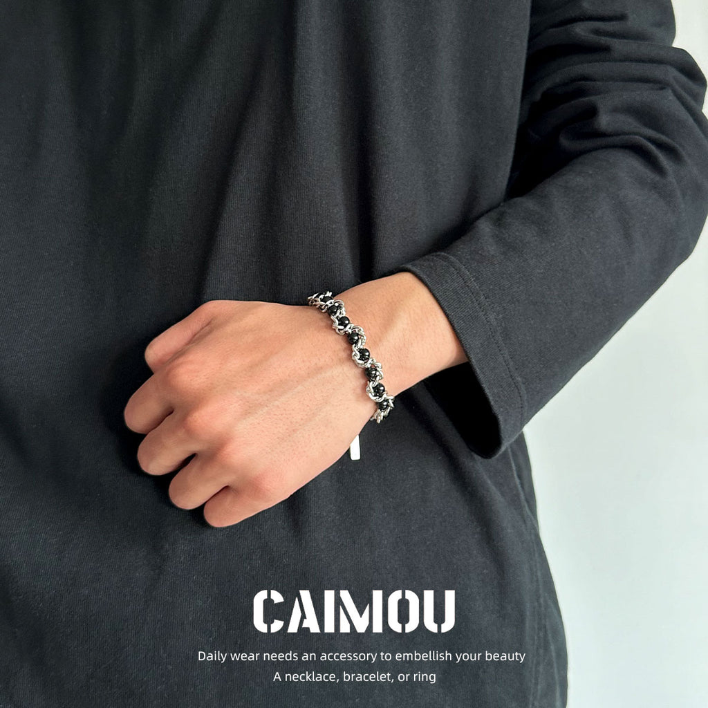Heavy Woven Black Bead Cuban Bracelet