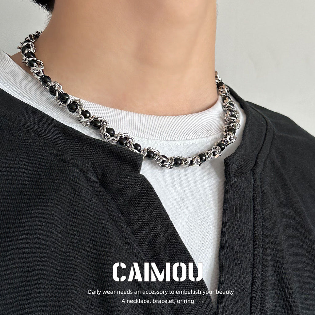 Heavy Woven Black Bead Cuban Necklace
