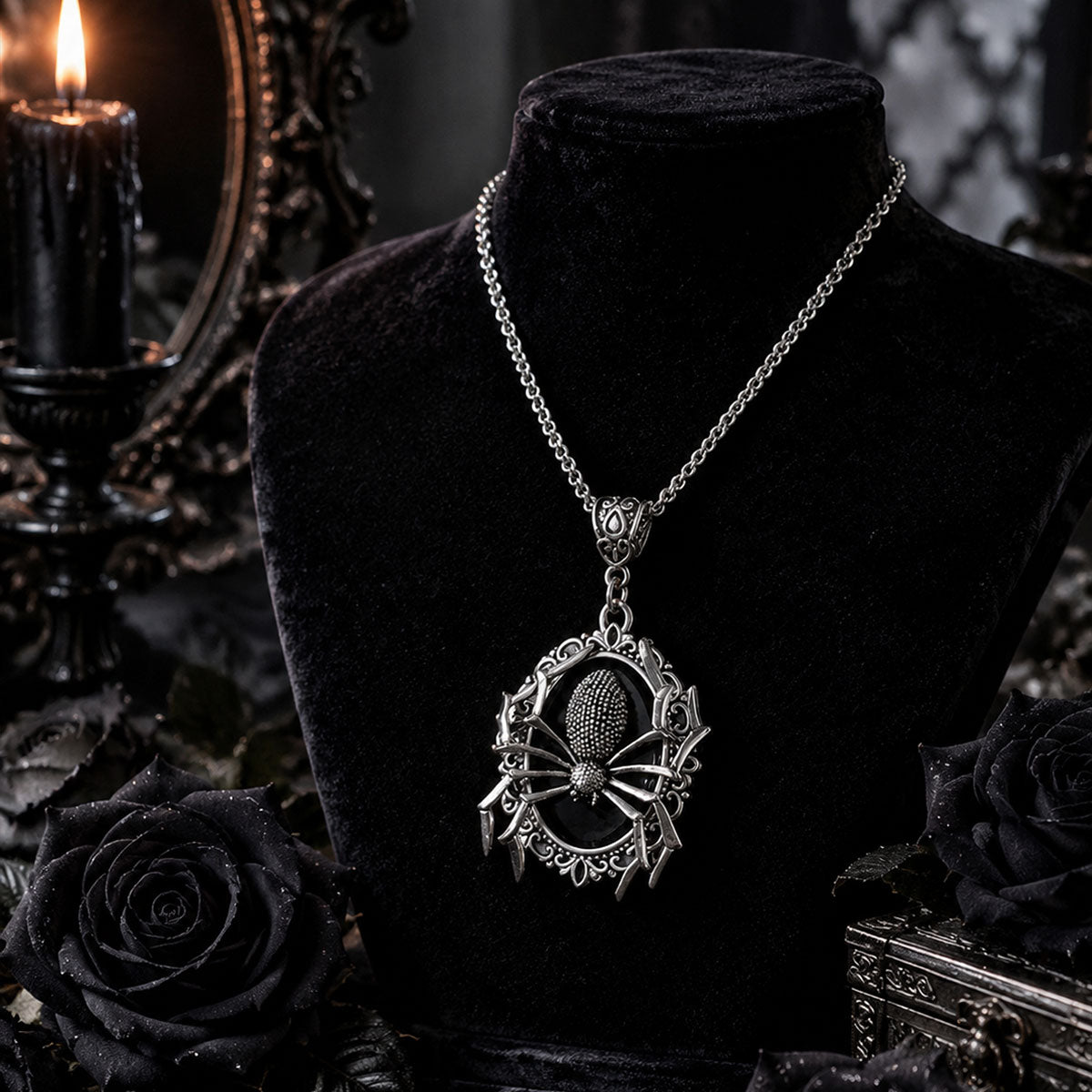 Ornate spider pendant necklace on a black display bust