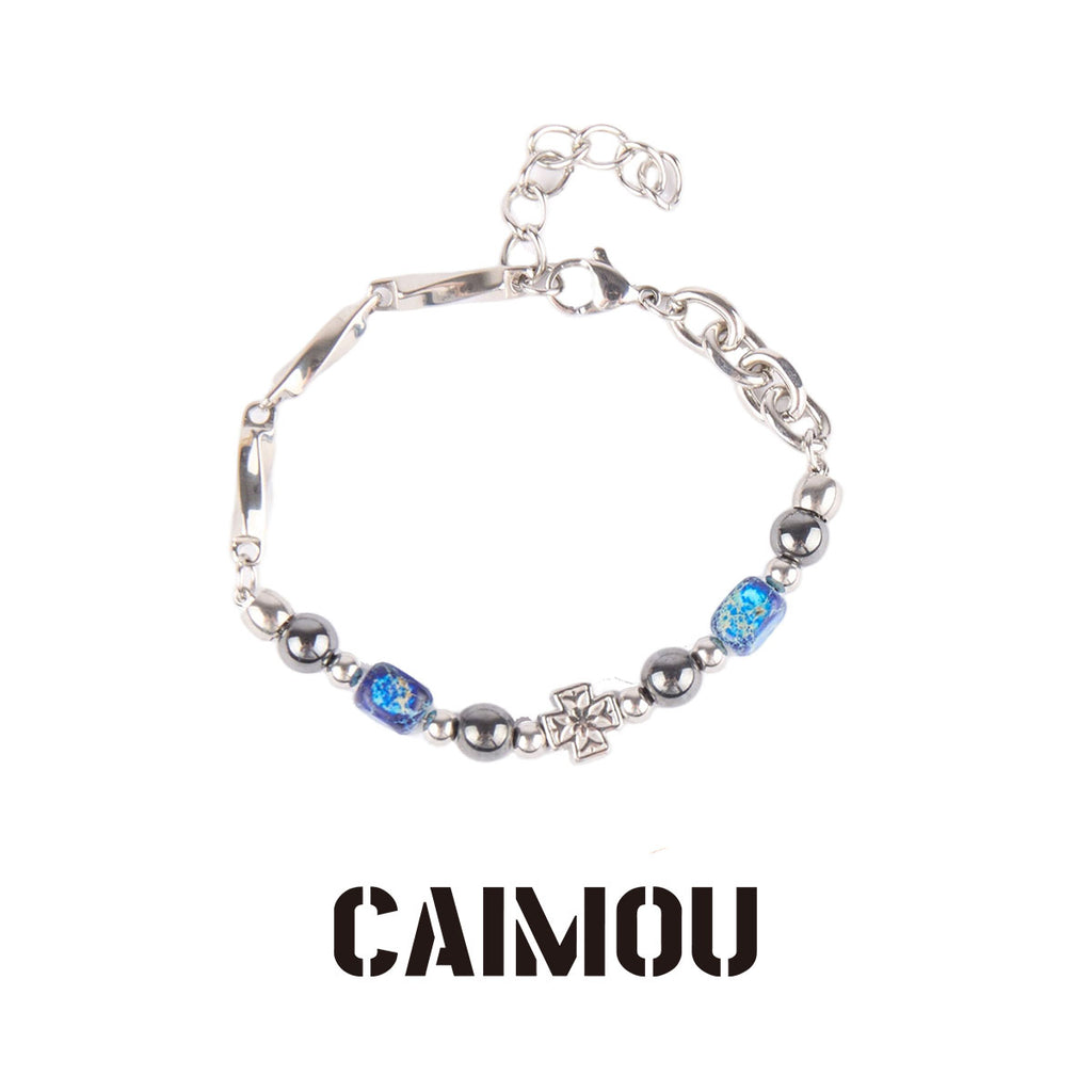 Cross Blue Square Stone Beaded Bracelet