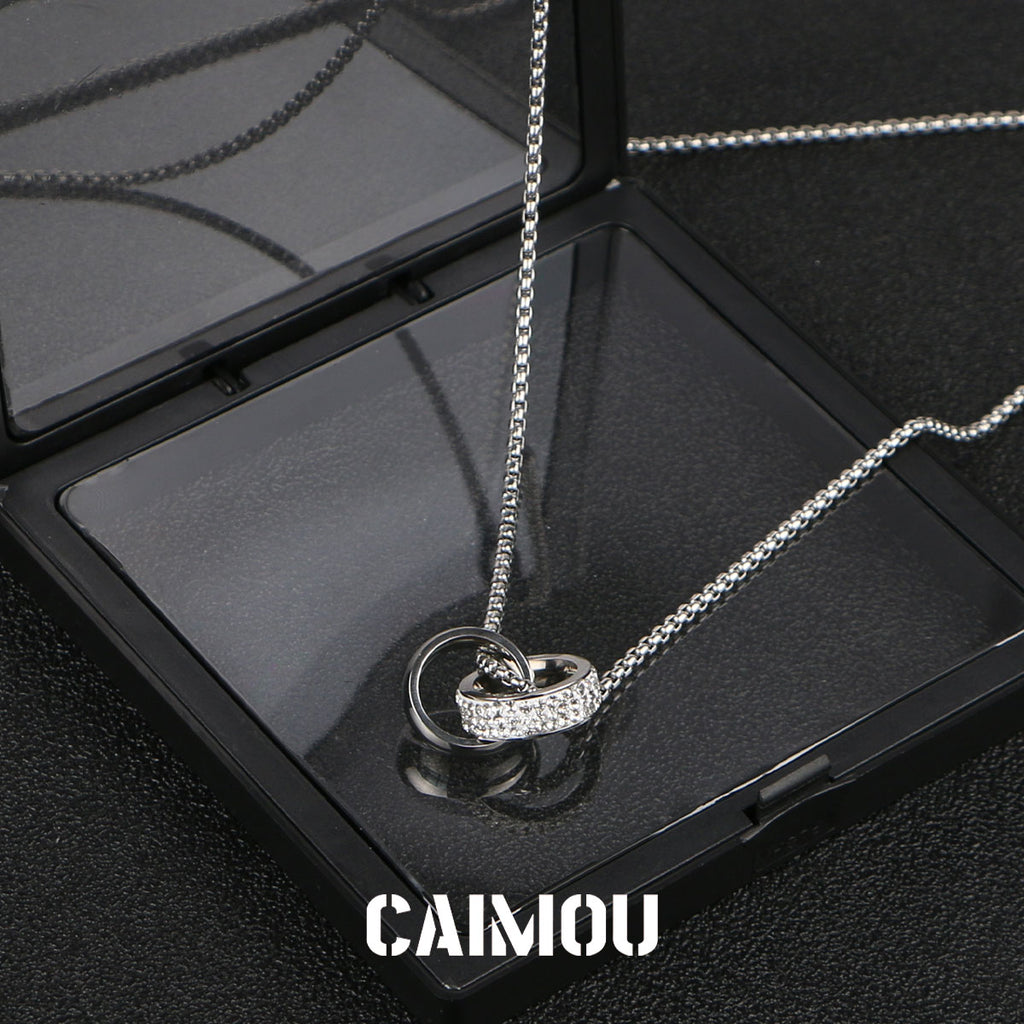 Full Paved Crystal Interlocking Double Ring Necklace