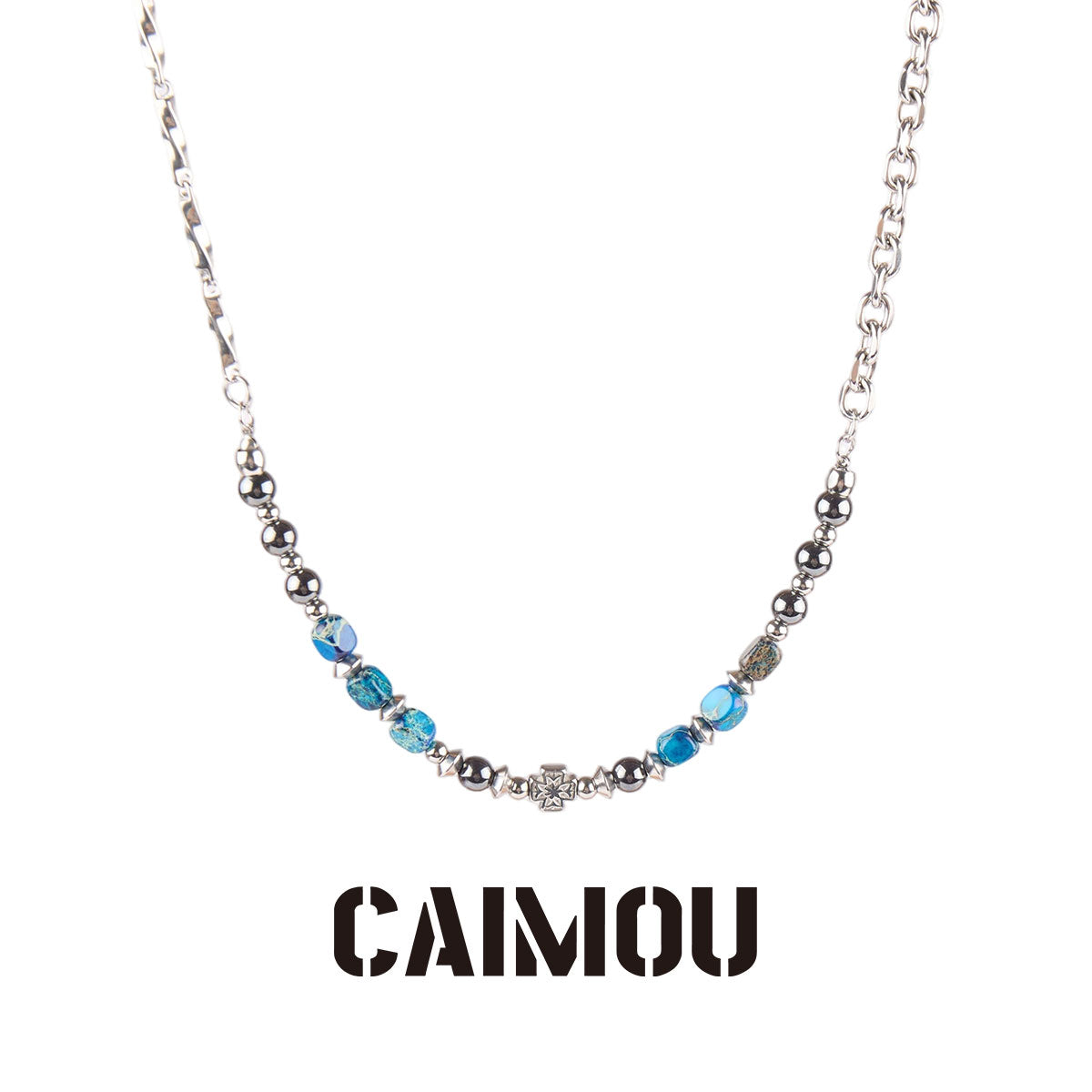 Cross Blue Square Stone Beaded Necklace