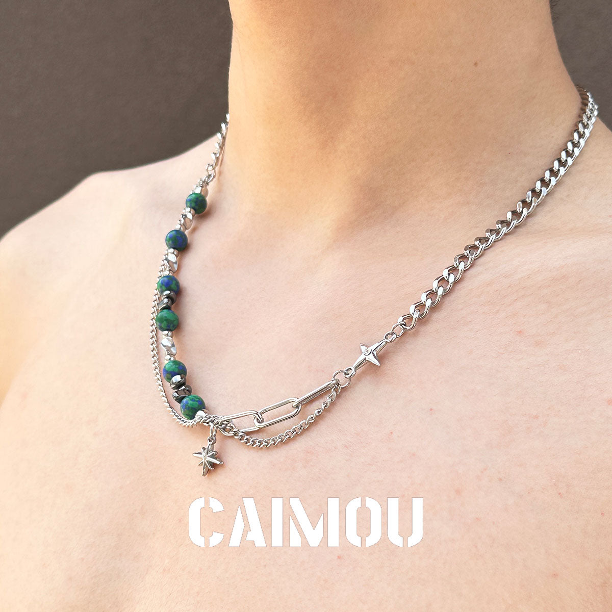 Octagram Green Stone Spliced Necklace