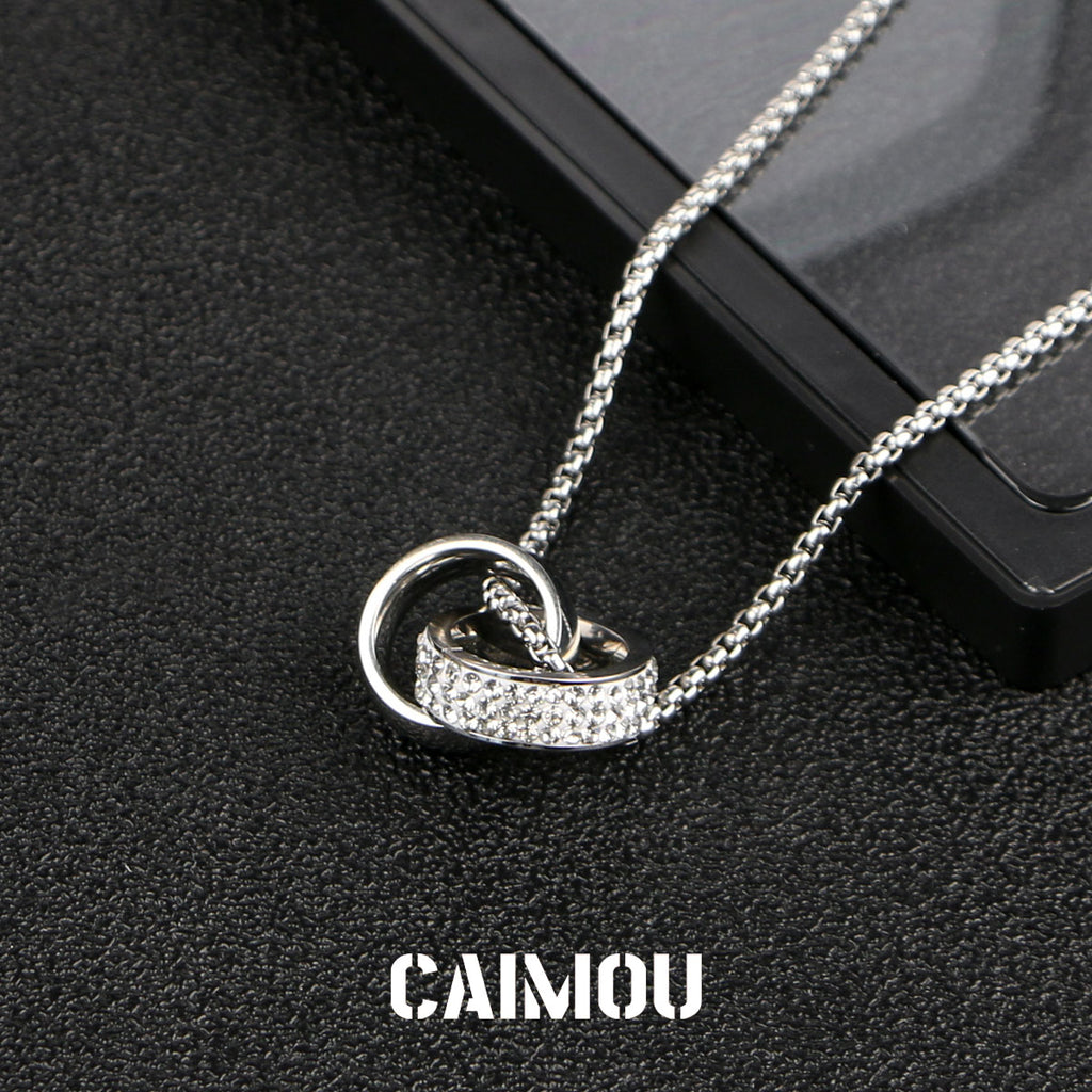 Full Paved Crystal Interlocking Double Ring Necklace