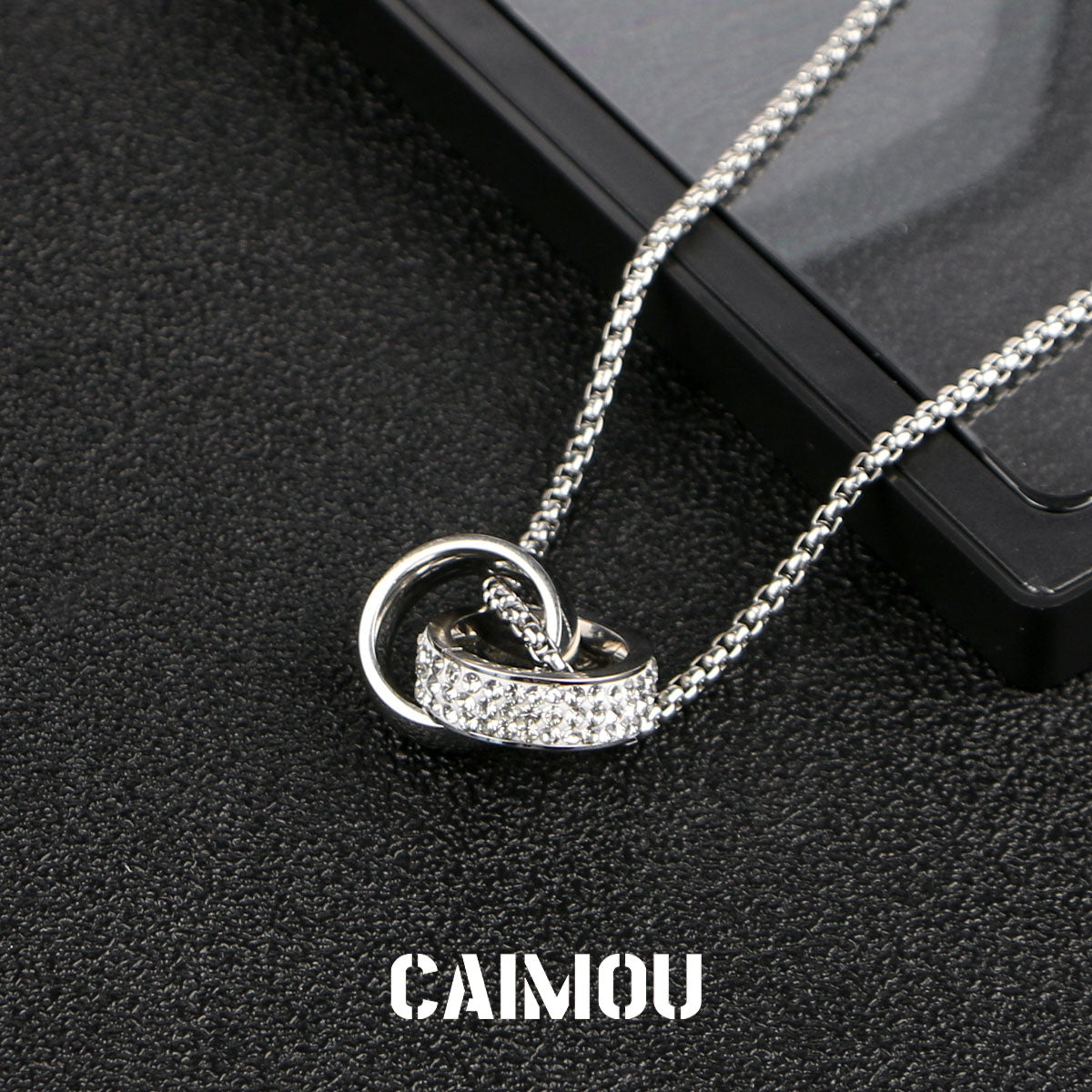 Full Paved Crystal Interlocking Double Ring Necklace