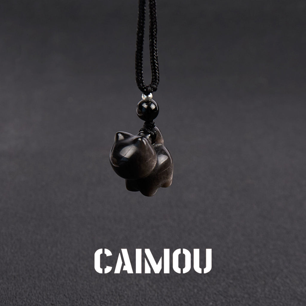 Silver Obsidian Kitten Necklace