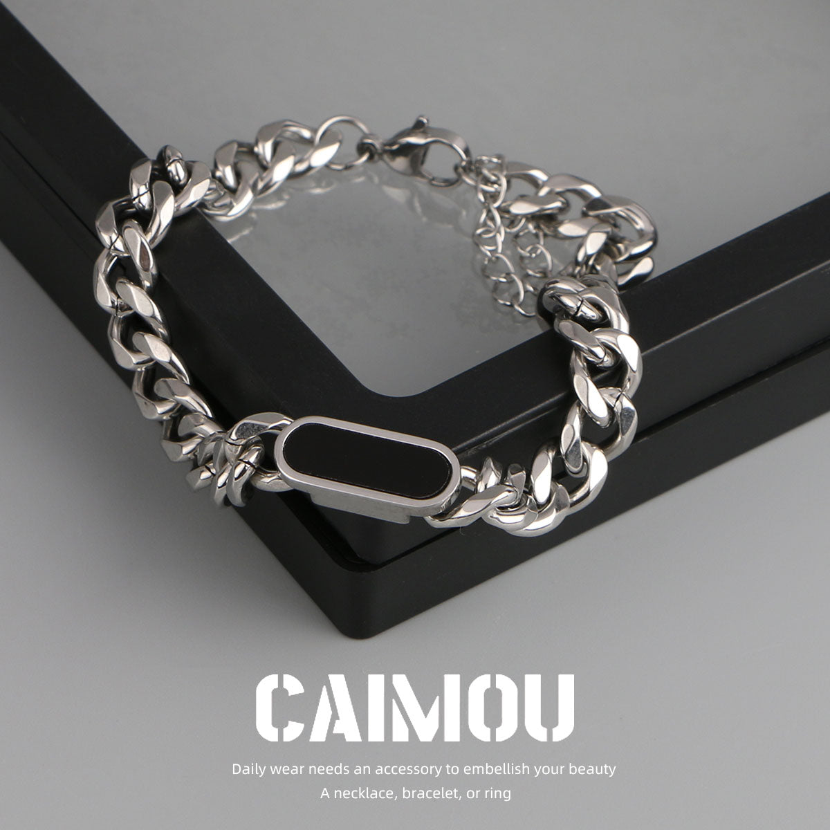 Geometric Black Tag Curb Bracelet
