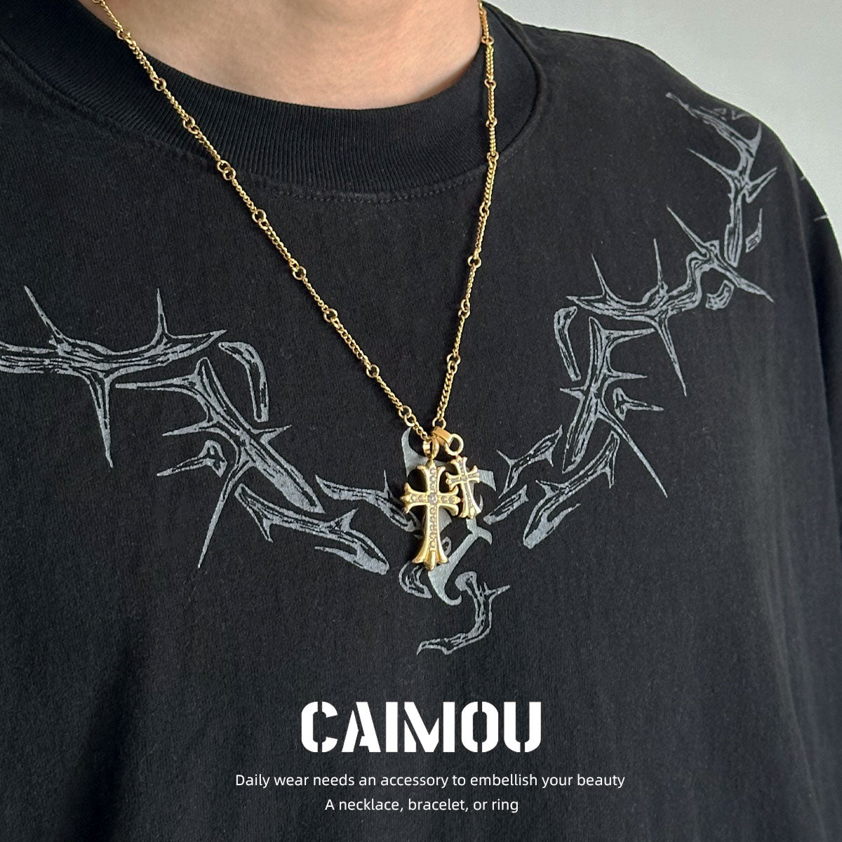Gold Double Cross Rhinestone Necklace