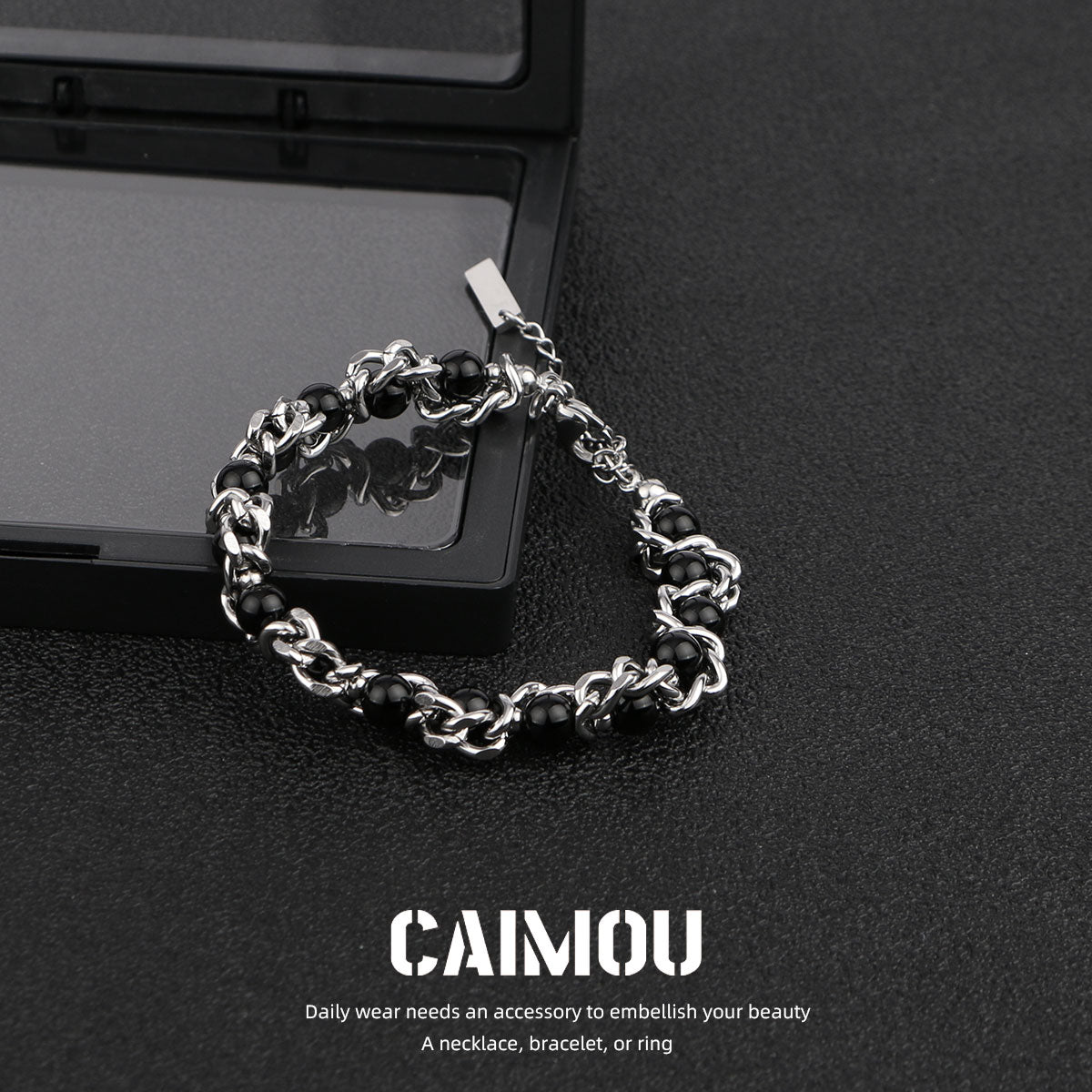 Heavy Woven Black Bead Cuban Bracelet