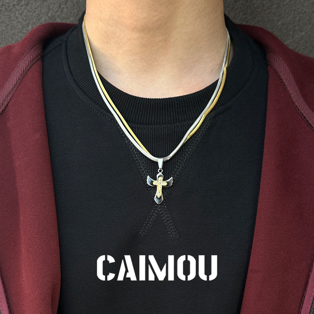 Double-layered two-tone cross necklace