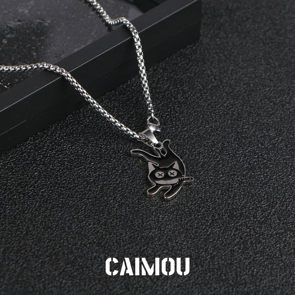 Knife-Holding Cat Pendant Necklace (Lay Flat Version)