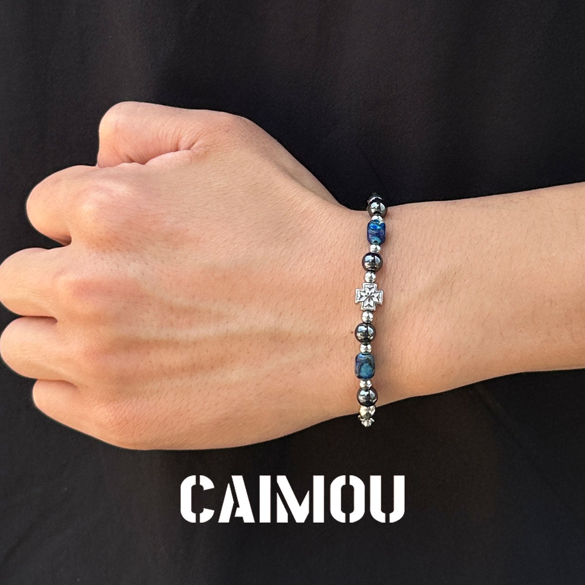 Cross Blue Square Stone Beaded Bracelet
