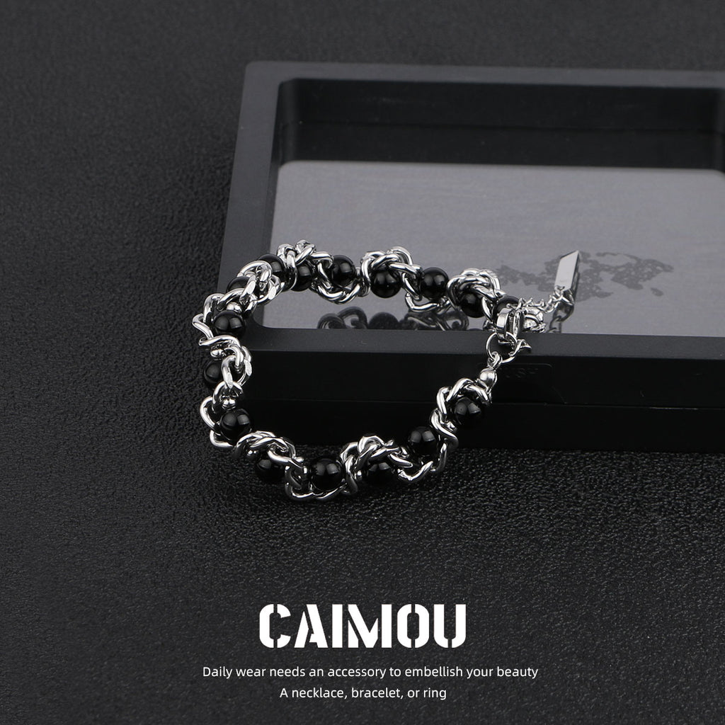 Heavy Woven Black Bead Cuban Bracelet