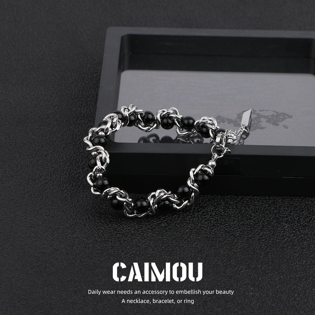 Heavy Woven Black Bead Cuban Bracelet