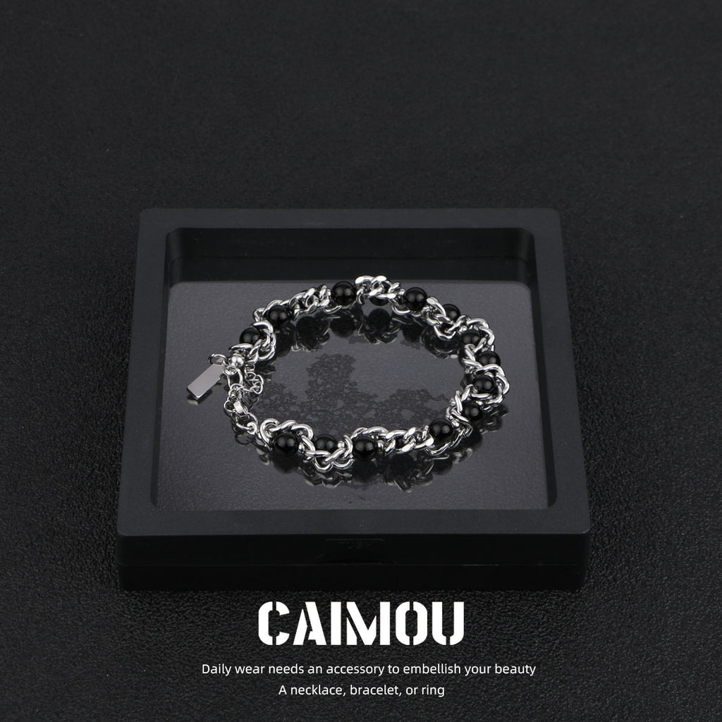 Heavy Woven Black Bead Cuban Bracelet