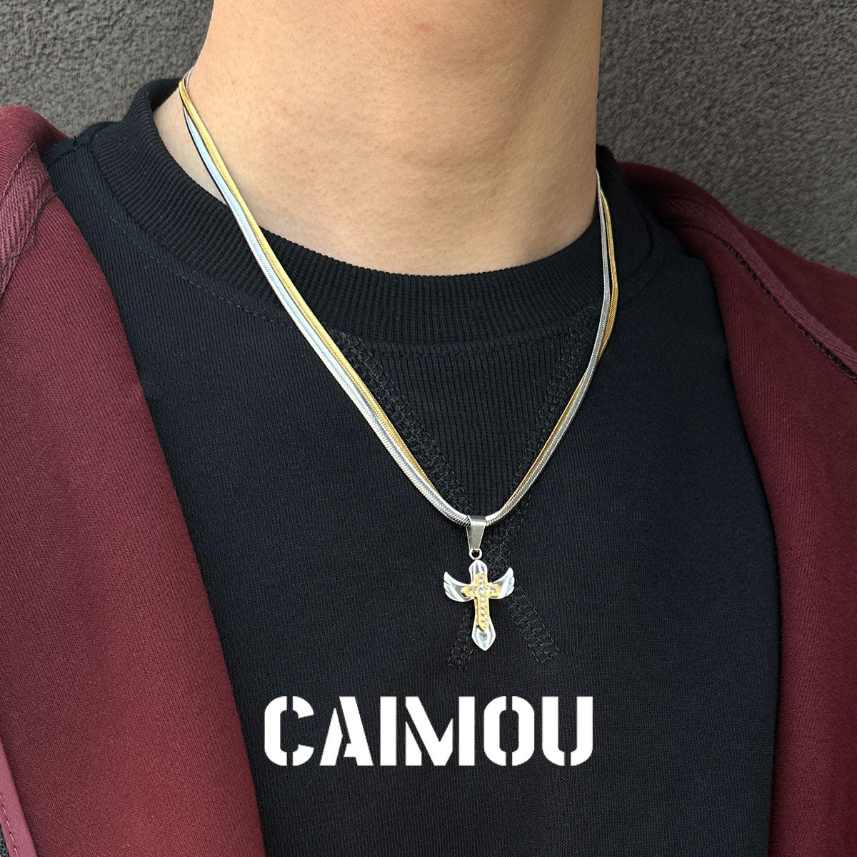 Double-layered two-tone cross necklace
